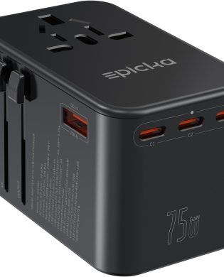 EPICKA Universal Travel Adapter, GaN 75W International Plug Adapter with 3 USB-C PD Fast Charging & 2 USB-A Quick Charging Adaptor All-in-one Wall Charger for USA EU UK AUS (TA-105 Max, Black)