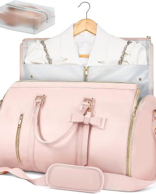Garment Bags for Travel, Convertible Suit Travel Bag for Women, Stylish Carry On Garment Bag with Toiletry Pocket, Shoulder Strap and Shoes Compartment, 2 in 1 Foldable PU Leather Duffle Bag, Pink