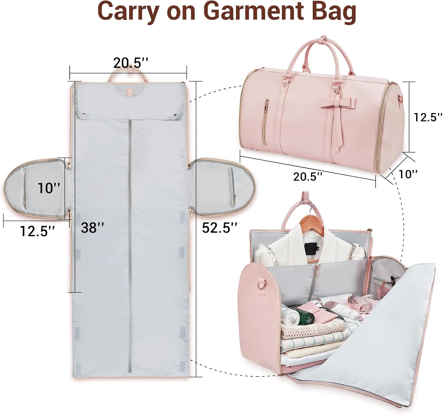 Garment Bags for Travel, Convertible Suit Travel Bag for Women, Stylish Carry On Garment Bag with Toiletry Pocket, Shoulder Strap and Shoes Compartment, 2 in 1 Foldable PU Leather Duffle Bag, Pink - Image 2