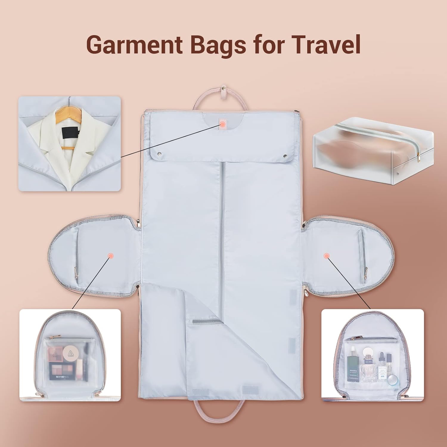 Garment Bags for Travel, Convertible Suit Travel Bag for Women, Stylish Carry On Garment Bag with Toiletry Pocket, Shoulder Strap and Shoes Compartment, 2 in 1 Foldable PU Leather Duffle Bag, Pink - Image 4