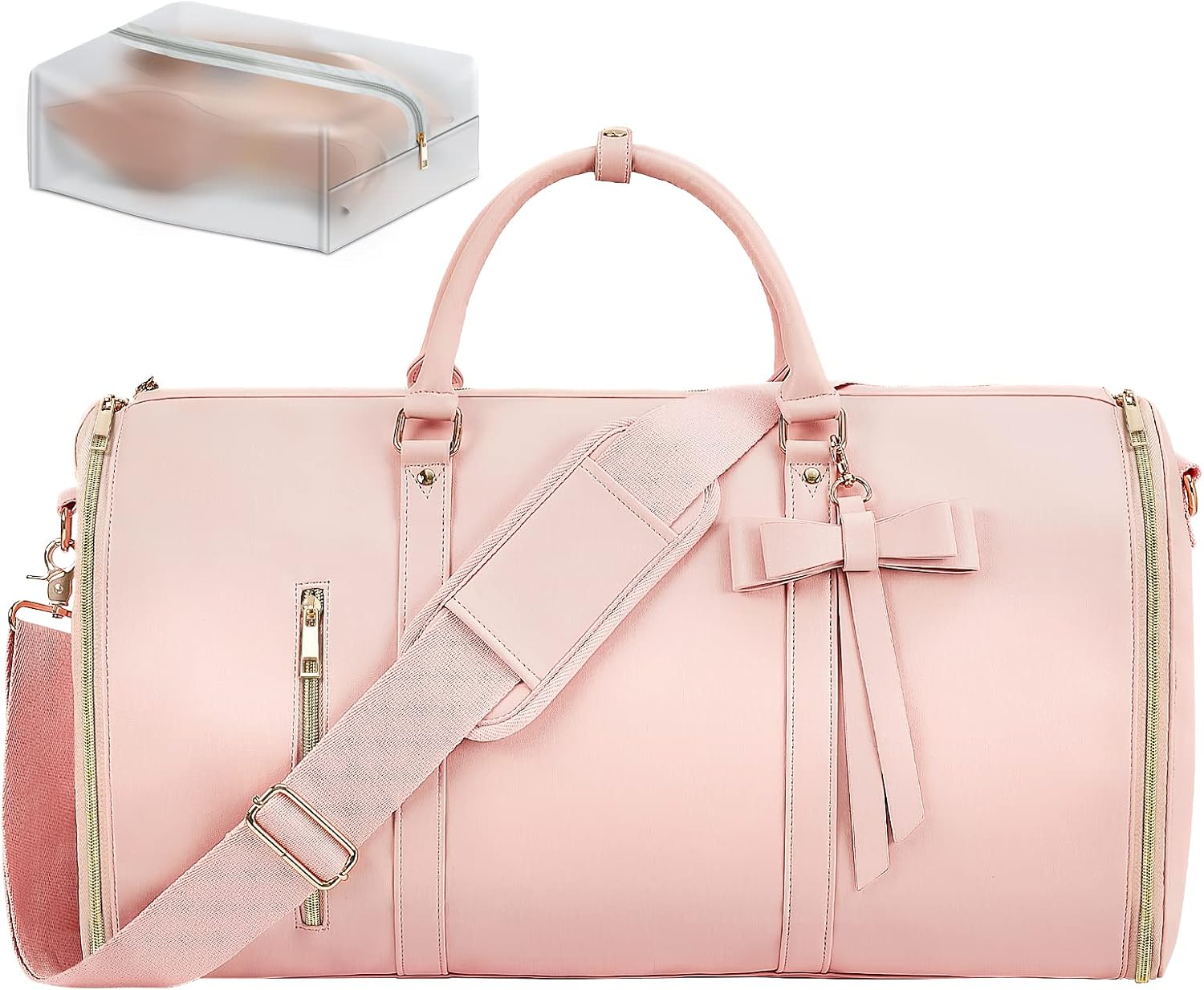 Garment Bags for Travel, Convertible Suit Travel Bag for Women, Stylish Carry On Garment Bag with Toiletry Pocket, Shoulder Strap and Shoes Compartment, 2 in 1 Foldable PU Leather Duffle Bag, Pink - Image 6
