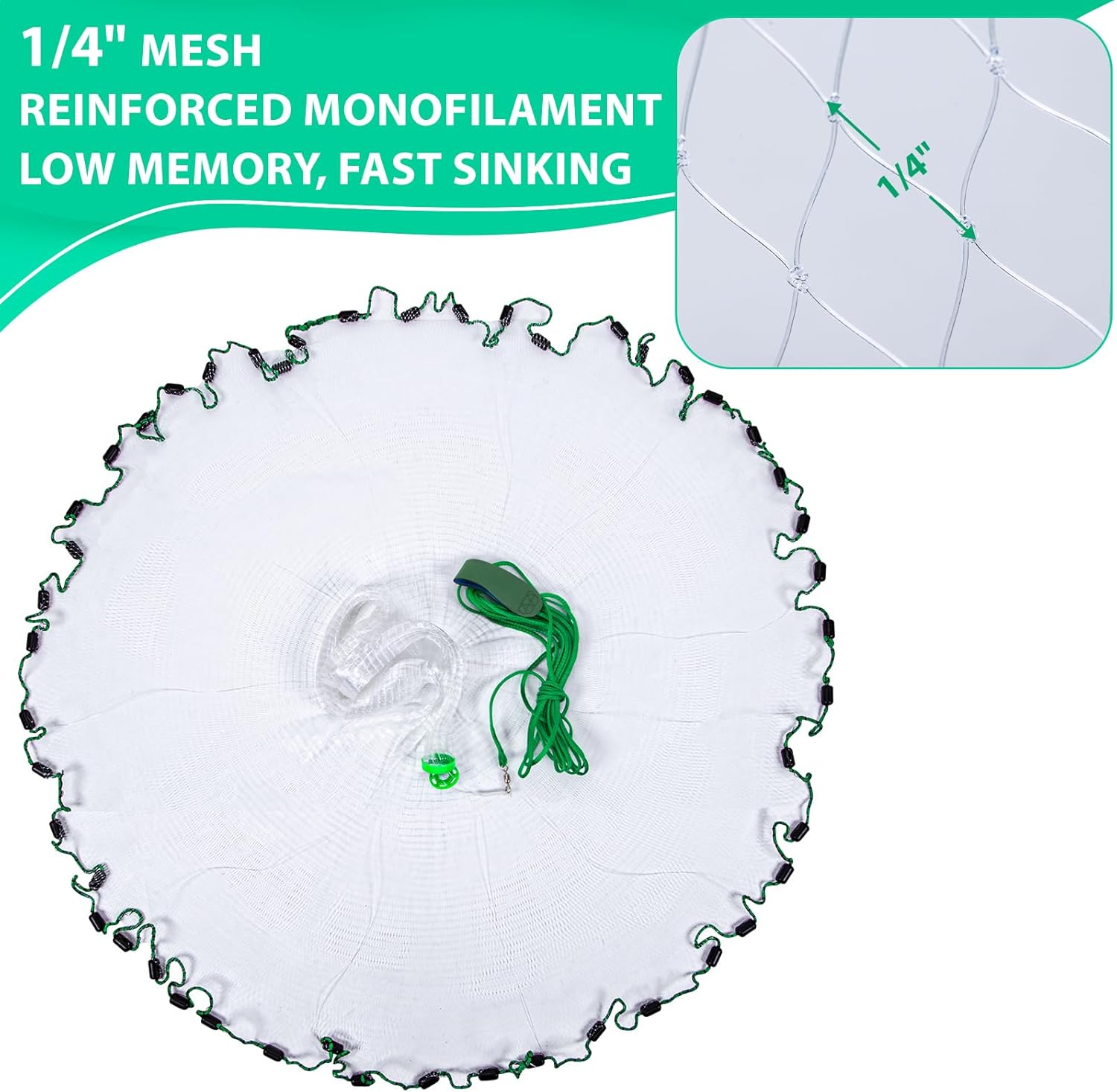 Goture American Fishing Cast Net Saltwater Freshwater, 3/8inch 1/4in Mesh Size Casting Net for Bait Fish Shrimp Trap, Black Sinkers, 3ft/4ft/5ft/6ft/8ft/10ft Radius Throw Cast Net with Needle - Image 2